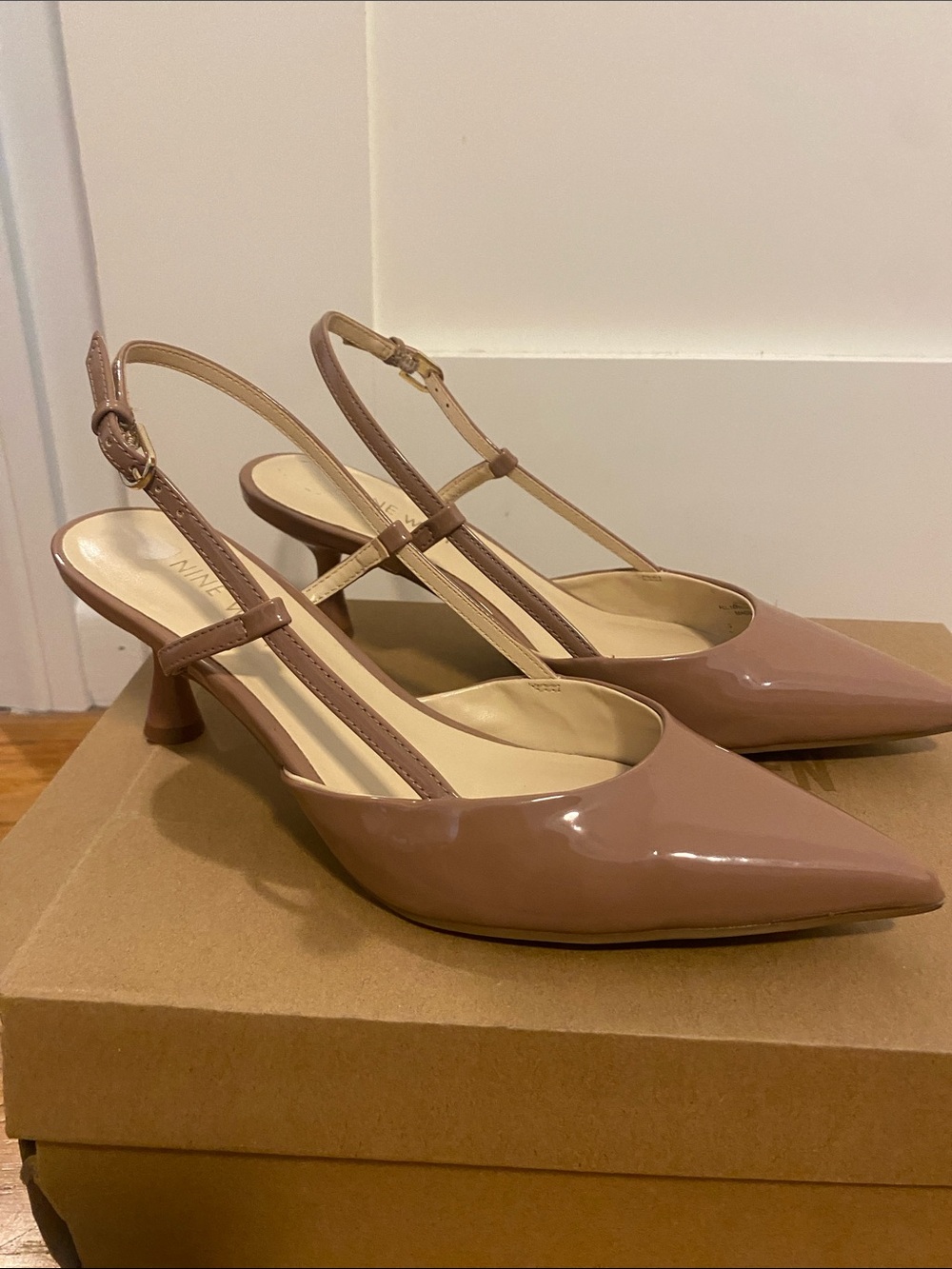 Nine West Patent Pointed-Toe Slingback Pumps in Taupe - Picture 4 of 6